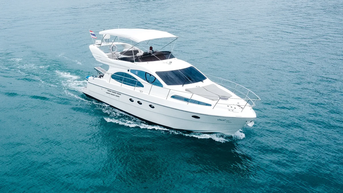 Azimut 46 Aqua Mas — aerial three-quarter view under way in the Andaman Sea