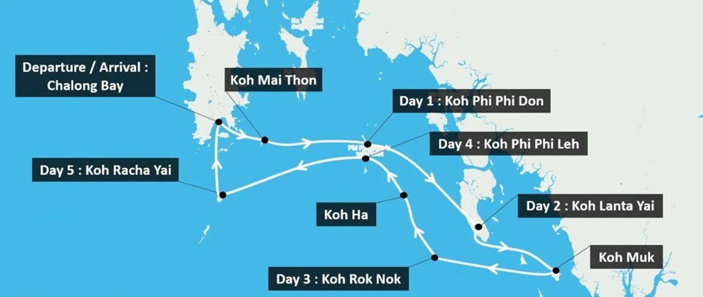 Route map of the Best of Andaman cabin charter from Chalong Bay, Phuket to Phi Phi, Koh Lanta, Koh Muk, Koh Rok, Koh Haa and Racha Yai