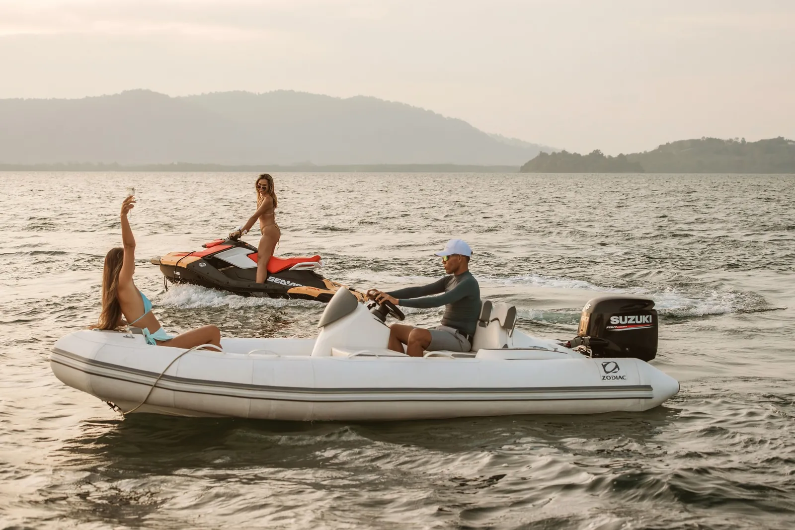 Princess 78 W.J. Lip — tender and jet ski at sunset