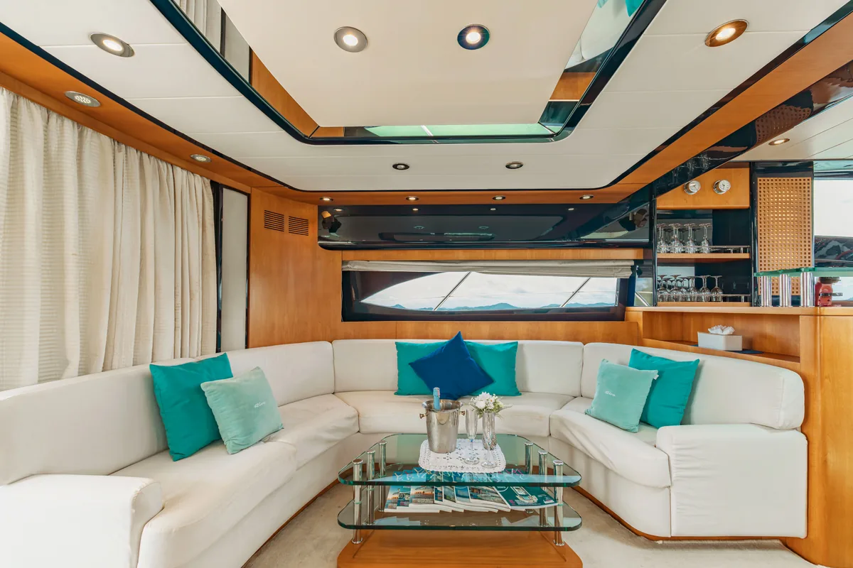 Riva 70 Aria Blue — air-conditioned main salon
