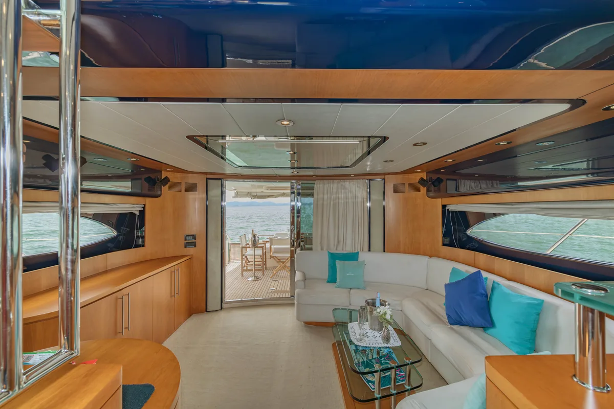 Riva 70 Aria Blue — main salon and galley