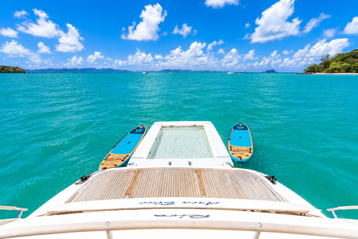 Riva 70 Aria Blue — bow sunpad and foredeck