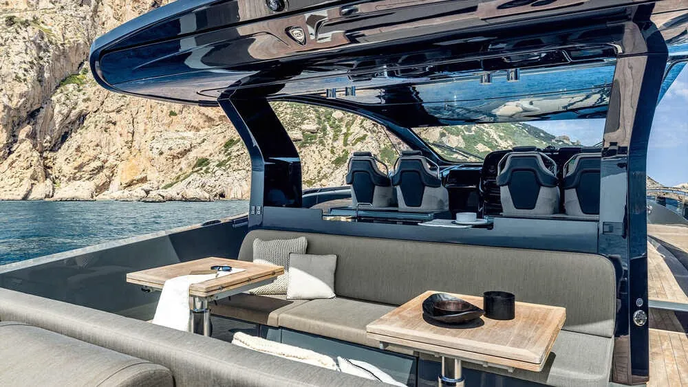 Sacs Strider 15 — aft lounge under the hardtop