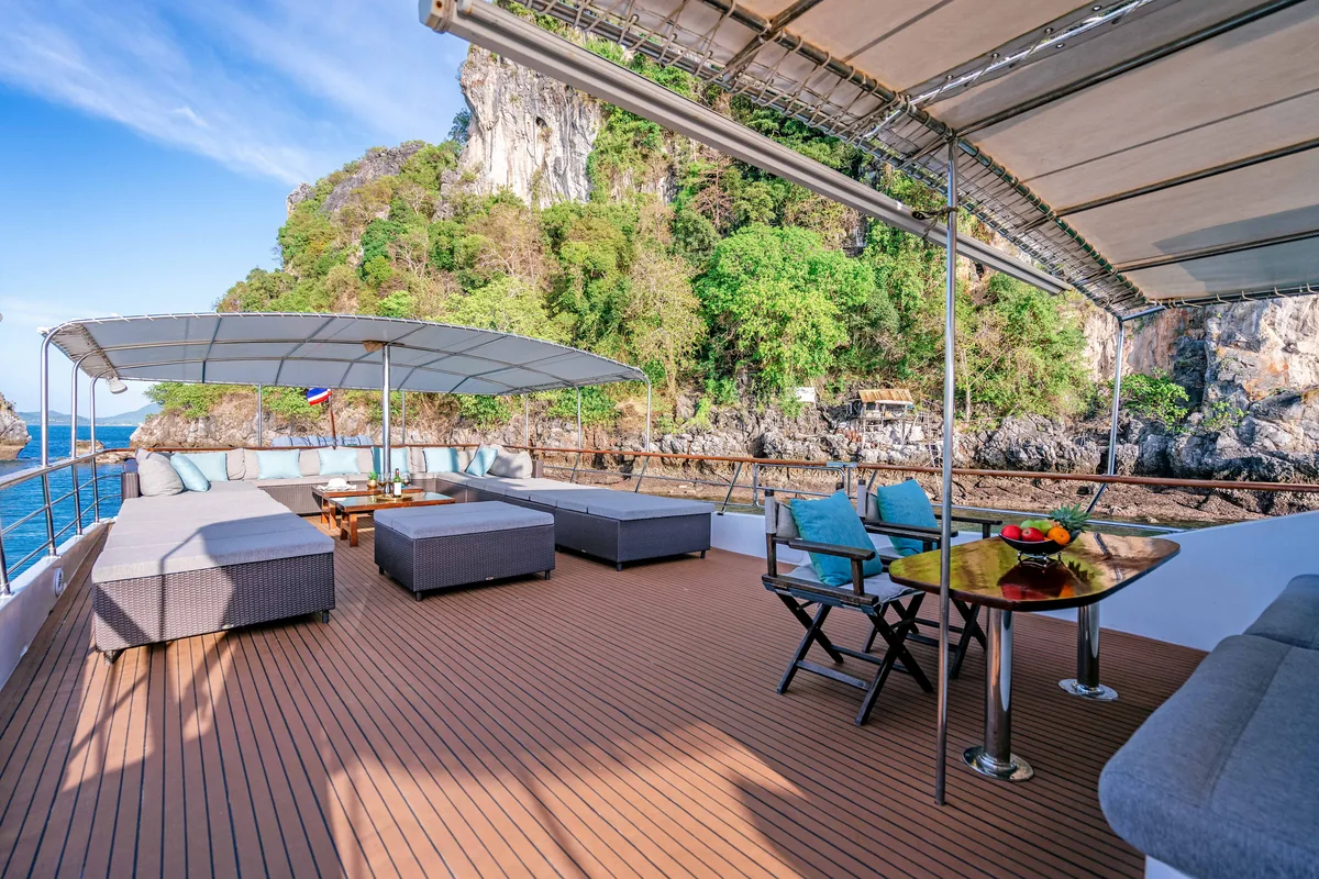 Siam Princess 70 — upper sundeck lounge with views over the bay